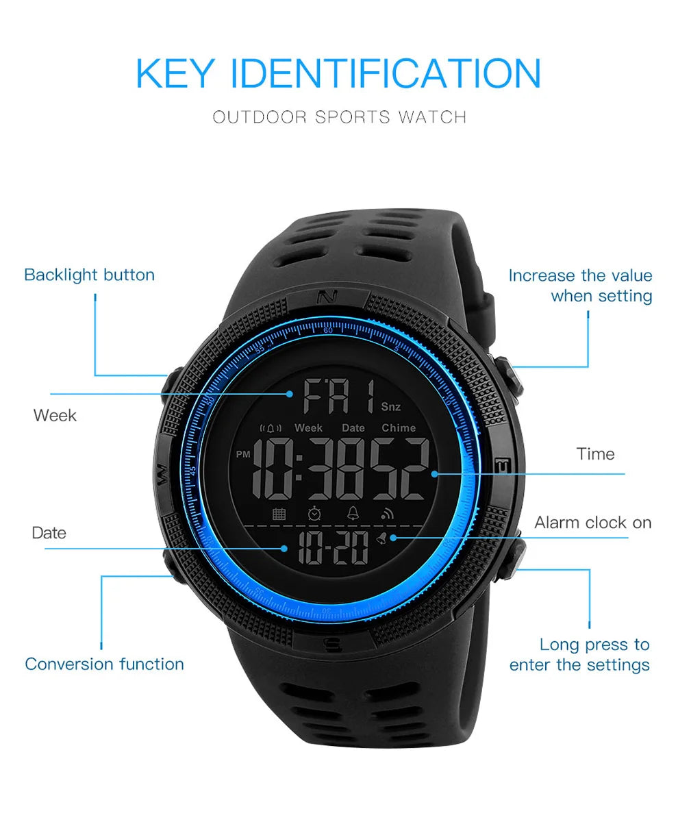 SKMEI  Fashion  Men Multifunction WatchesOutdoor Sport Watch  Alarm Clock Chrono 5Bar Waterproof Digital Watch reloj hombre 1251
