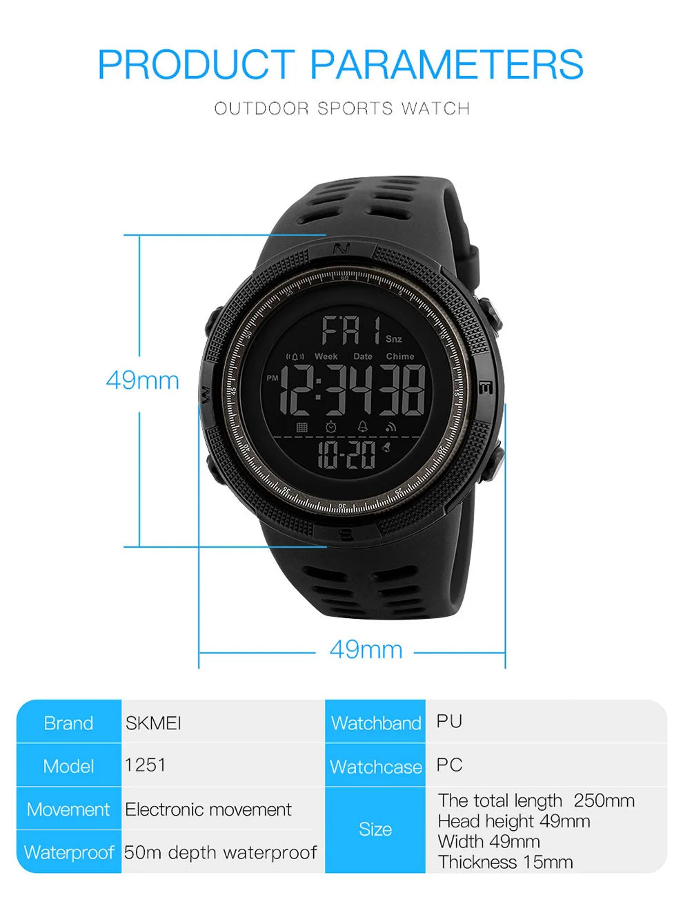 SKMEI  Fashion  Men Multifunction WatchesOutdoor Sport Watch  Alarm Clock Chrono 5Bar Waterproof Digital Watch reloj hombre 1251