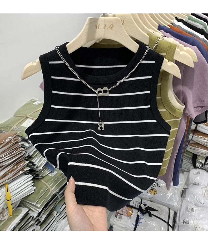AOSSVIAO 2026 New Waistcoat Women Wear Striped Wide Edge Temperament Summer Top Short Knit Sleeveless Bottom Shirt