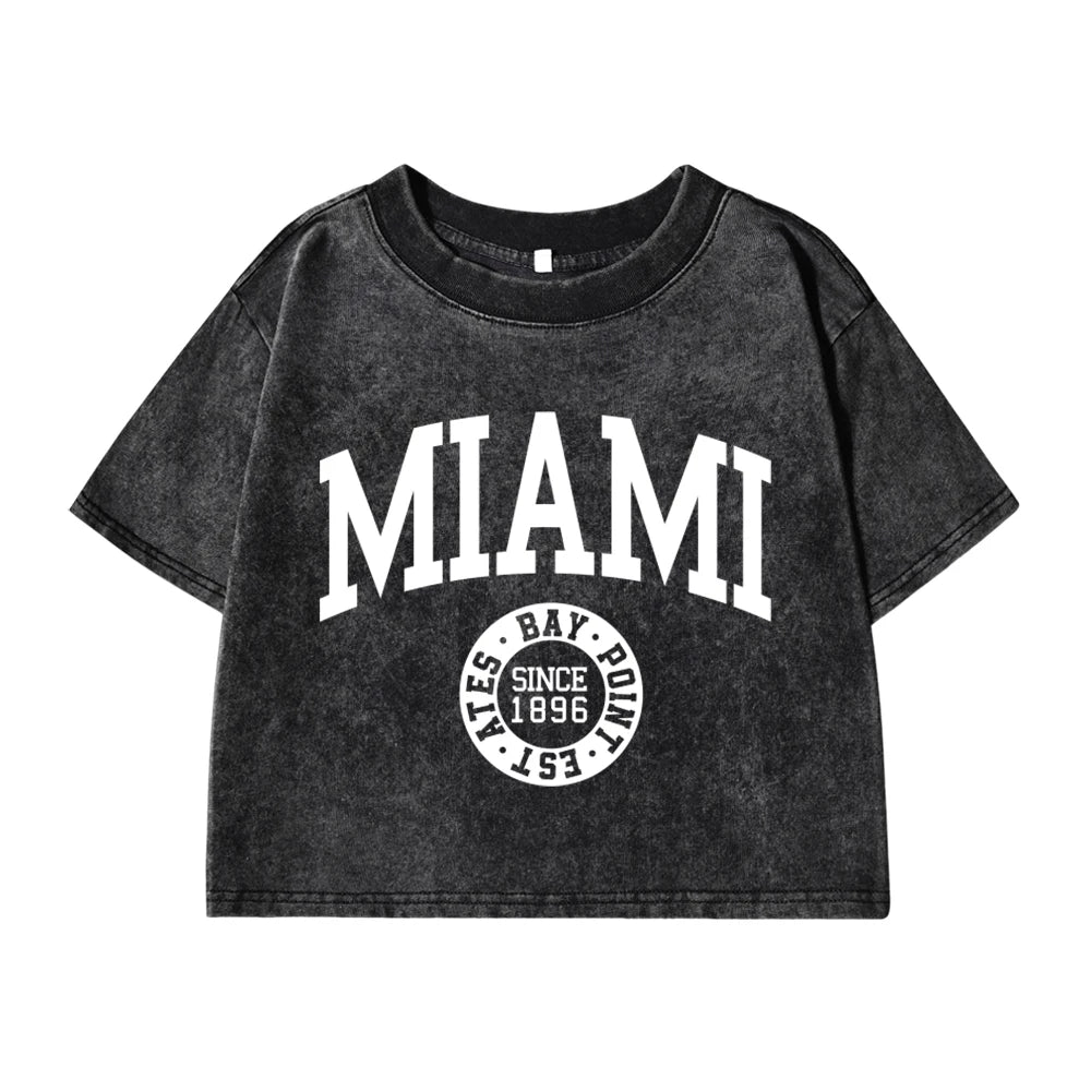 Women'S Cotton Washed T-Shirts Summer Distressed Regular Fit Crop Tops Miami, Usa Printing Short Sleeve Casual Female Clothes