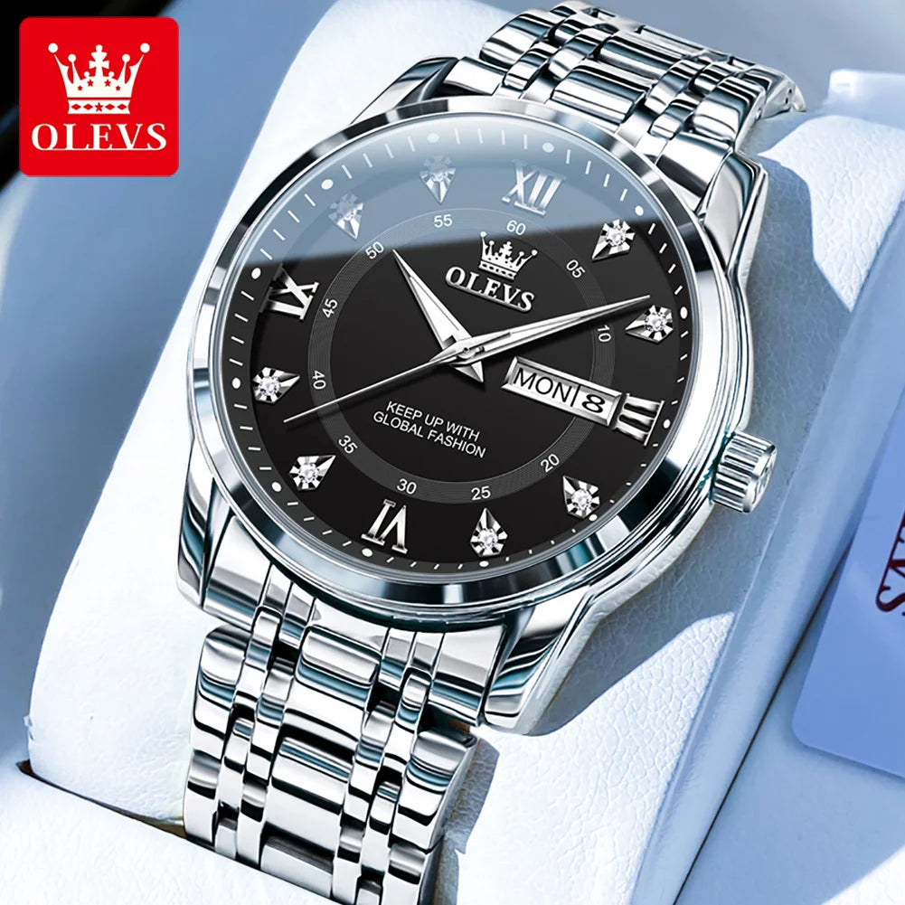 OLEVS 5513 Mens Watch Original Fashion Brand Quartz Waterproof Luminous Watch For Man Stainless Steel Dual Calendar Watch Box