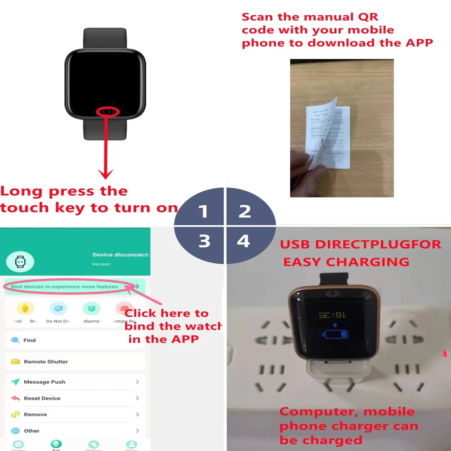 Smart Watches Fashion Sports Bracelet Multi-function USB Plug-in Charging Watches Women Fitness Men Smartwatch For Android Phone