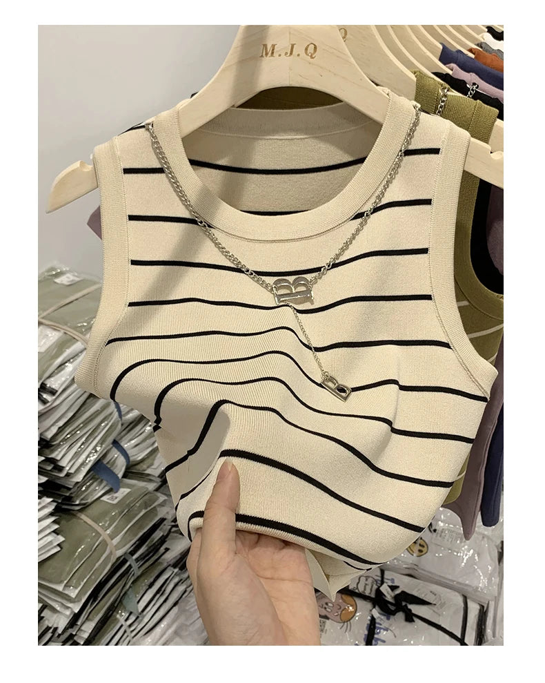 AOSSVIAO 2026 New Waistcoat Women Wear Striped Wide Edge Temperament Summer Top Short Knit Sleeveless Bottom Shirt