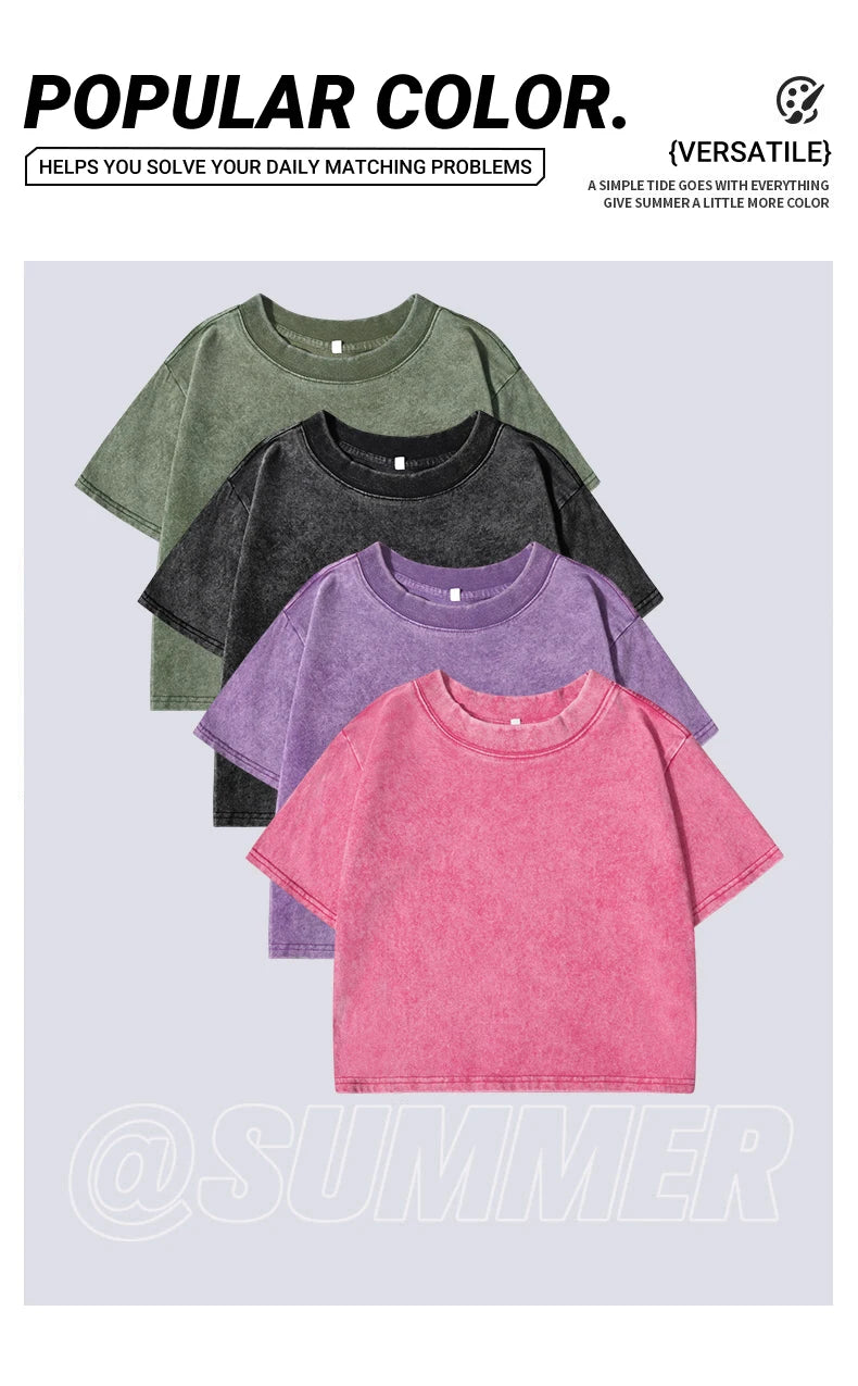 Women'S Cotton Washed T-Shirts Summer Distressed Regular Fit Crop Tops Miami, Usa Printing Short Sleeve Casual Female Clothes