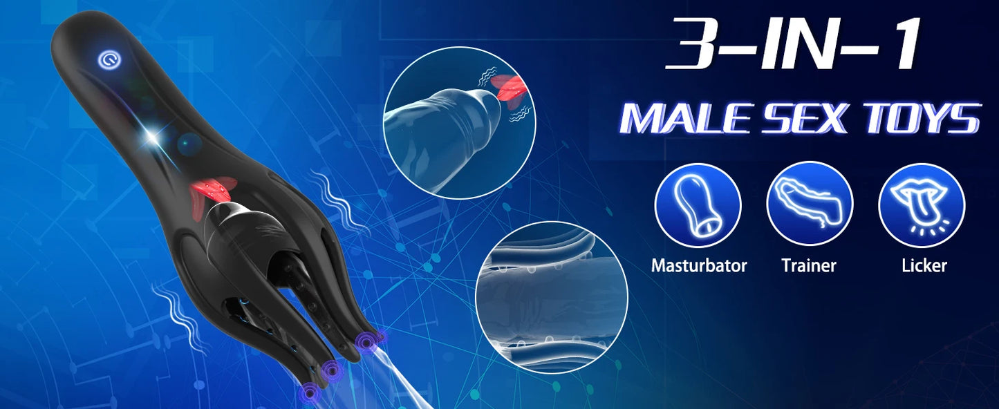3 IN 1 Male Masturbator for Men Glans Vibrating Tongue Licking Delays Ejaculation Endurance Training Male Adult Sex Toys