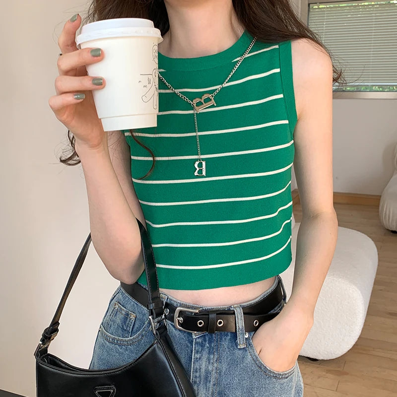 AOSSVIAO 2026 New Waistcoat Women Wear Striped Wide Edge Temperament Summer Top Short Knit Sleeveless Bottom Shirt