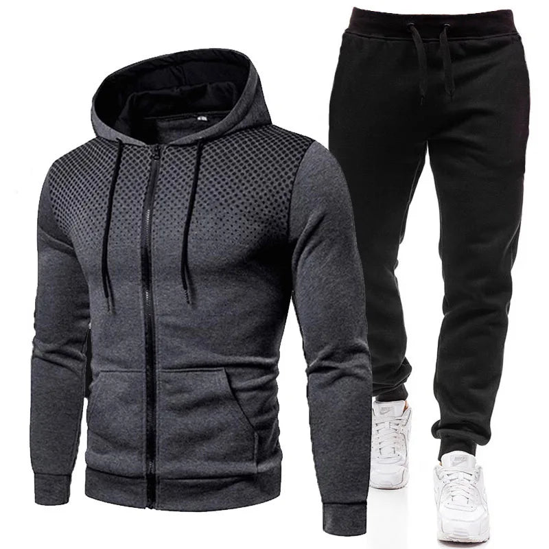 Men tracksuit zipper hood multi-pocket and protective pants casual jogging tracksuit fall/winter 2-piece setLarge size S-3XL