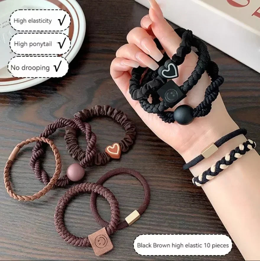 10PCS Women's Hair Ring Set Hair Accessories High Elasticity Leather Band Simple Temperament High Ponytail Durability New Style