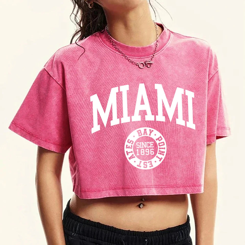 Women'S Cotton Washed T-Shirts Summer Distressed Regular Fit Crop Tops Miami, Usa Printing Short Sleeve Casual Female Clothes