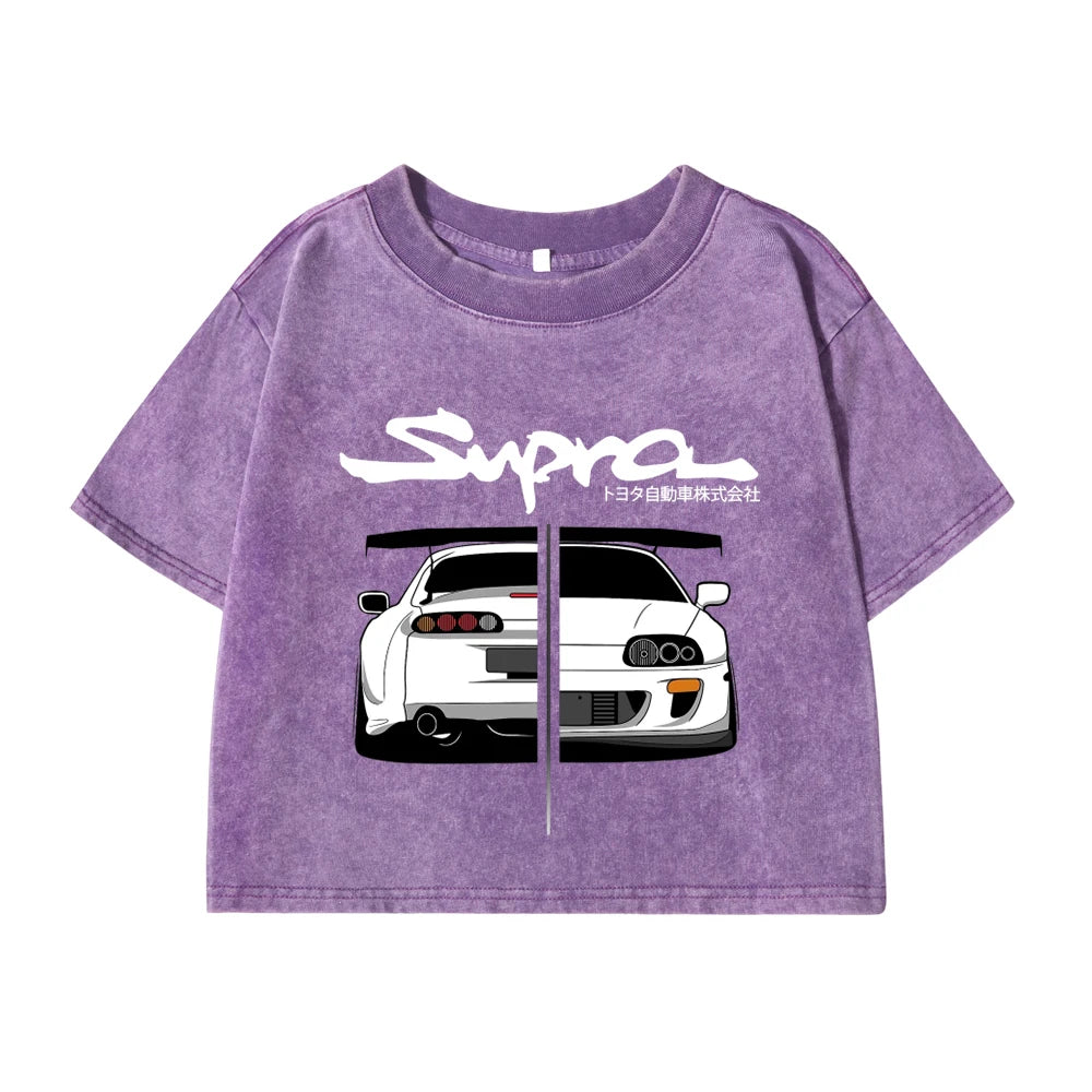 Woman Cotton Washed T-Shirts Street Regular O-Neck Crop Tees Japanese Style Cool Car Puzzle Print Short Sleeve Summer Clothes