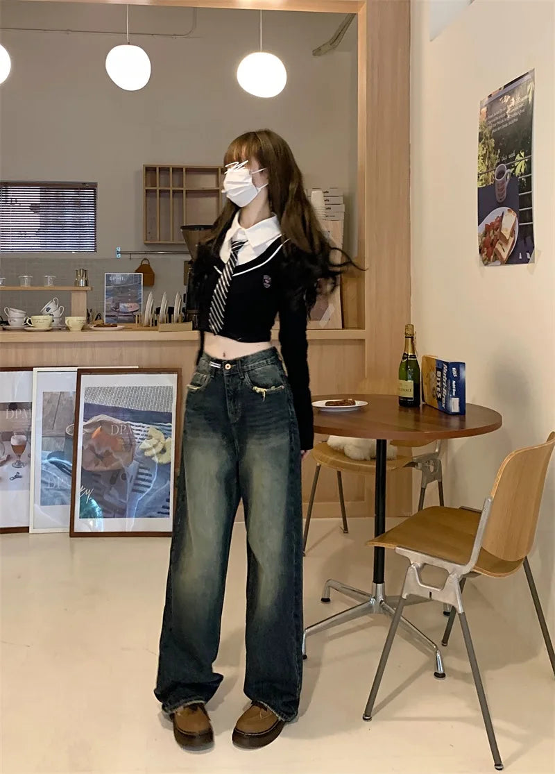 Women's New High-waisted Slimming Straight-leg Loose-fit Vintage American Style Casual Jeans Bell Bottoms For Women