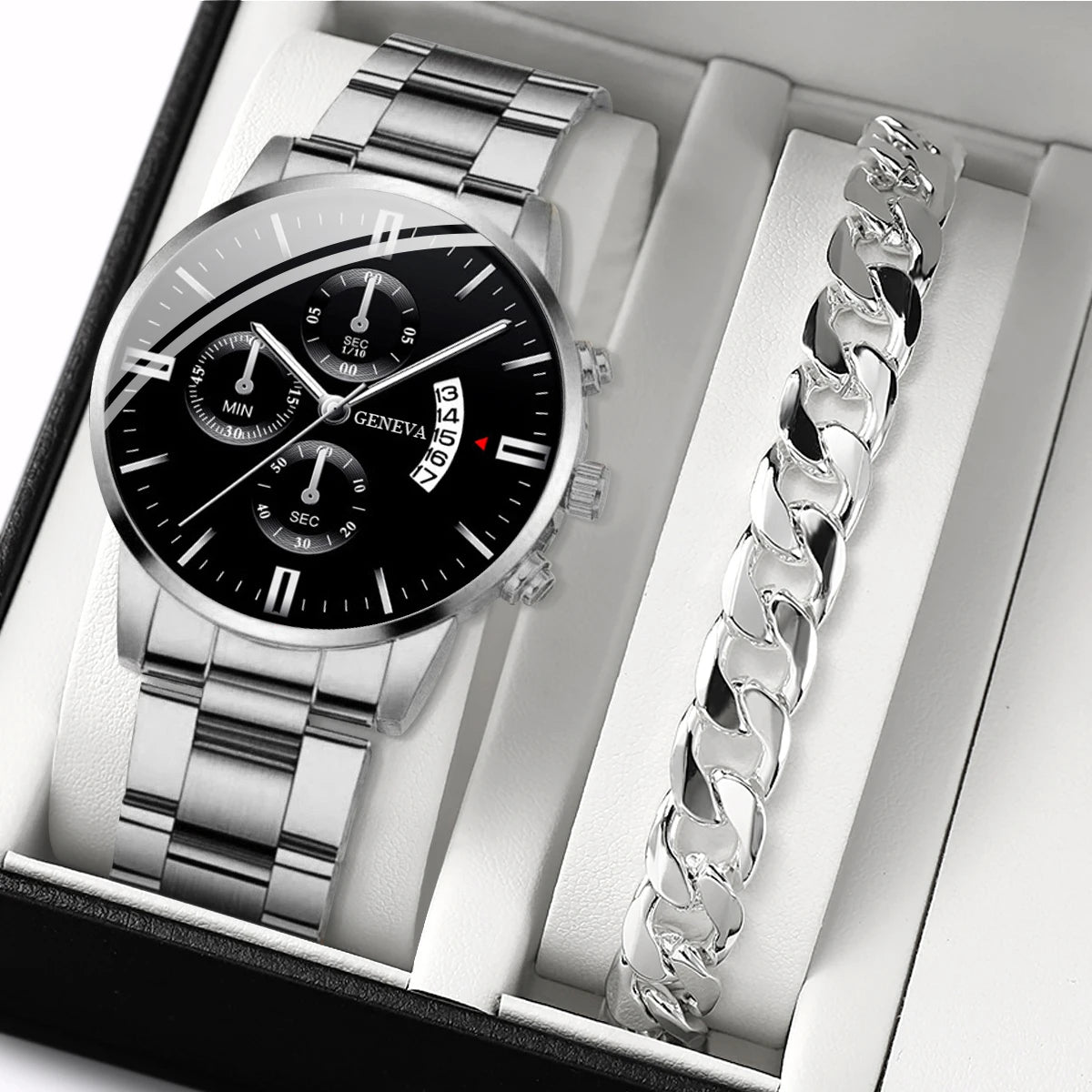 2PCS Men Business Watches Fashion Steel Band Quartz Watch Male Calendar Watch Bracelet Relogio Masculino（Without Box）