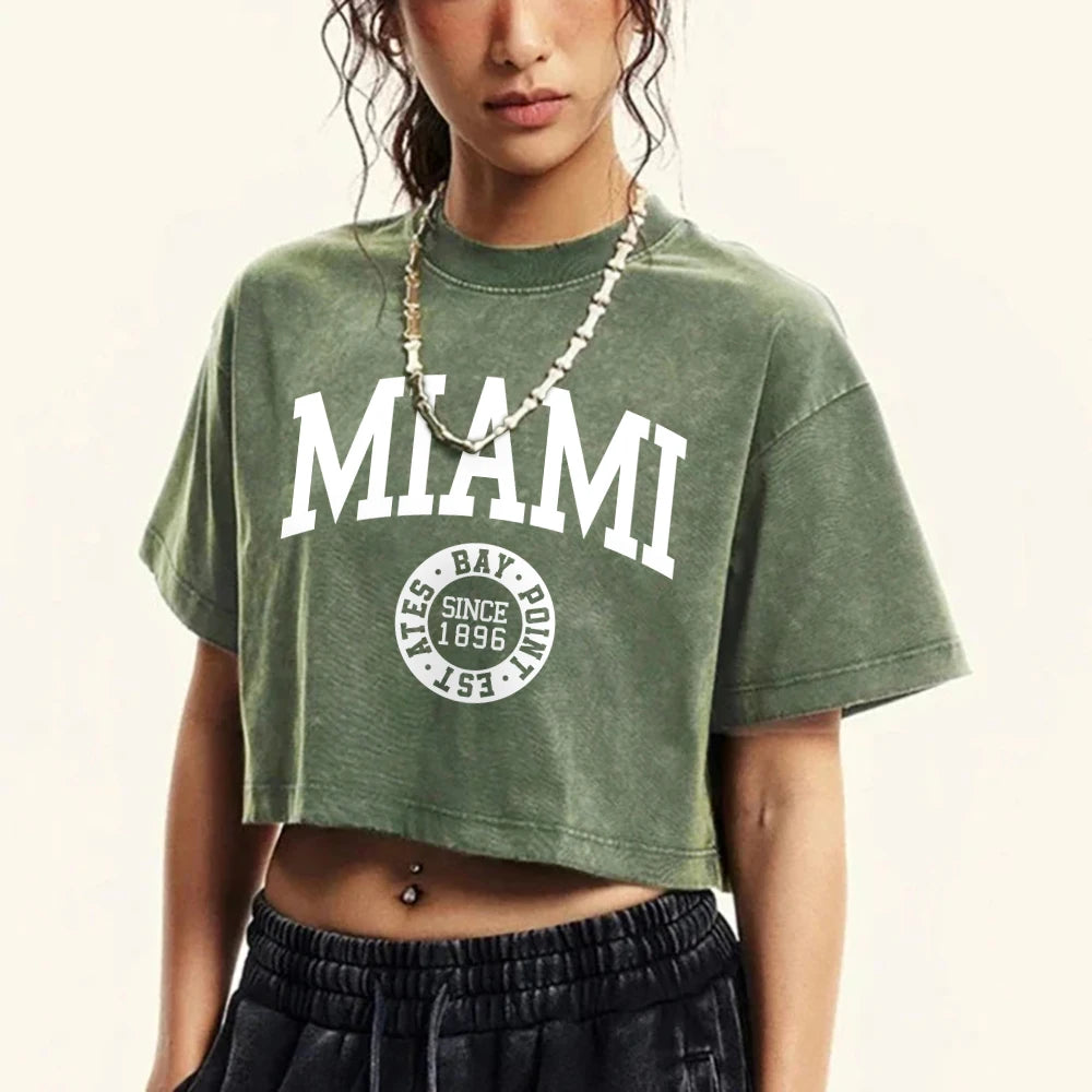Women'S Cotton Washed T-Shirts Summer Distressed Regular Fit Crop Tops Miami, Usa Printing Short Sleeve Casual Female Clothes