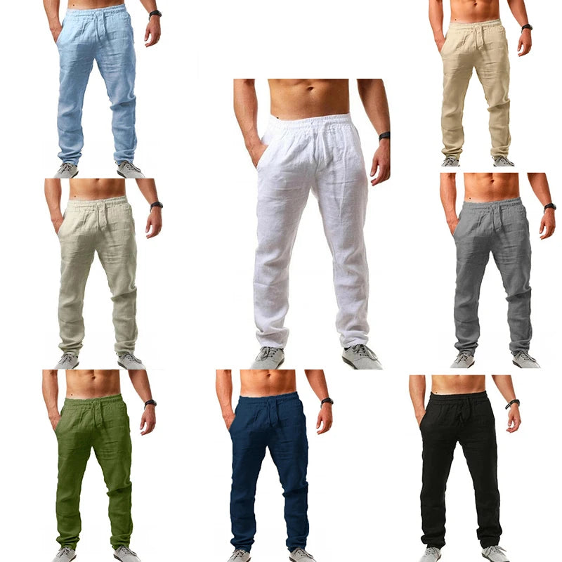 Men's Casual Trousers Home Pants 2025 New Man Cotton Linen Large Size white Straight trousers Solid Beach black Fitness Pants