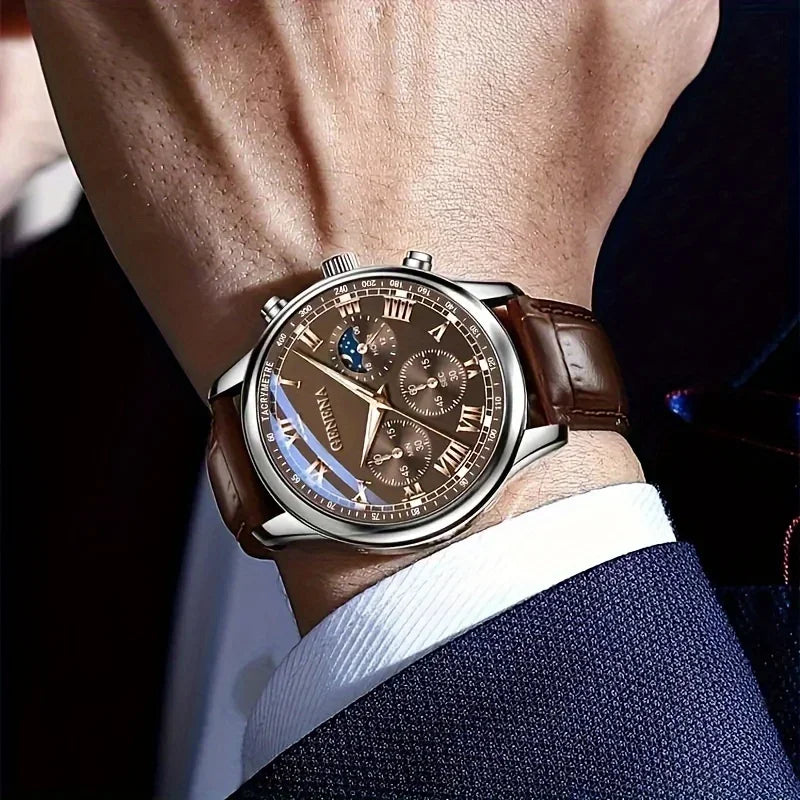 Luxury Men Business Watches  Fashion Leather Strap Round Dial Male's Analog Quartz Wristwatch Reloj Hombre（Without Box）