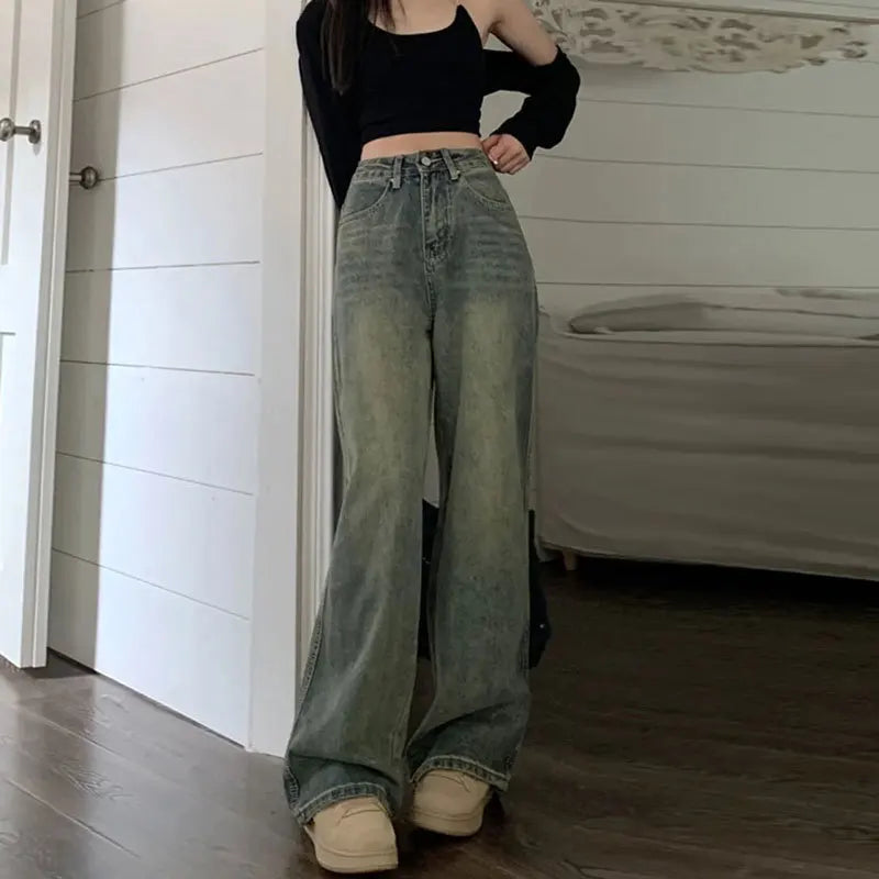 Vintage High-waisted Slimming Jeans American Style Casual Bell Bottoms Versatile Straight-leg Long Pants For Women
