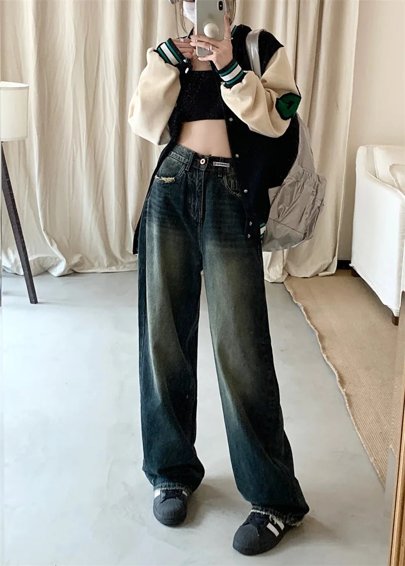 Women's New High-waisted Slimming Straight-leg Loose-fit Vintage American Style Casual Jeans Bell Bottoms For Women