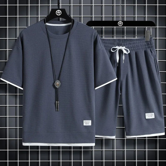2025 Summer Men's Sports Set Casual T-Shirt + Shorts Set Waffle Solid Color Short-sleeve Shorts Two Sets Tracksuit Loose Suits