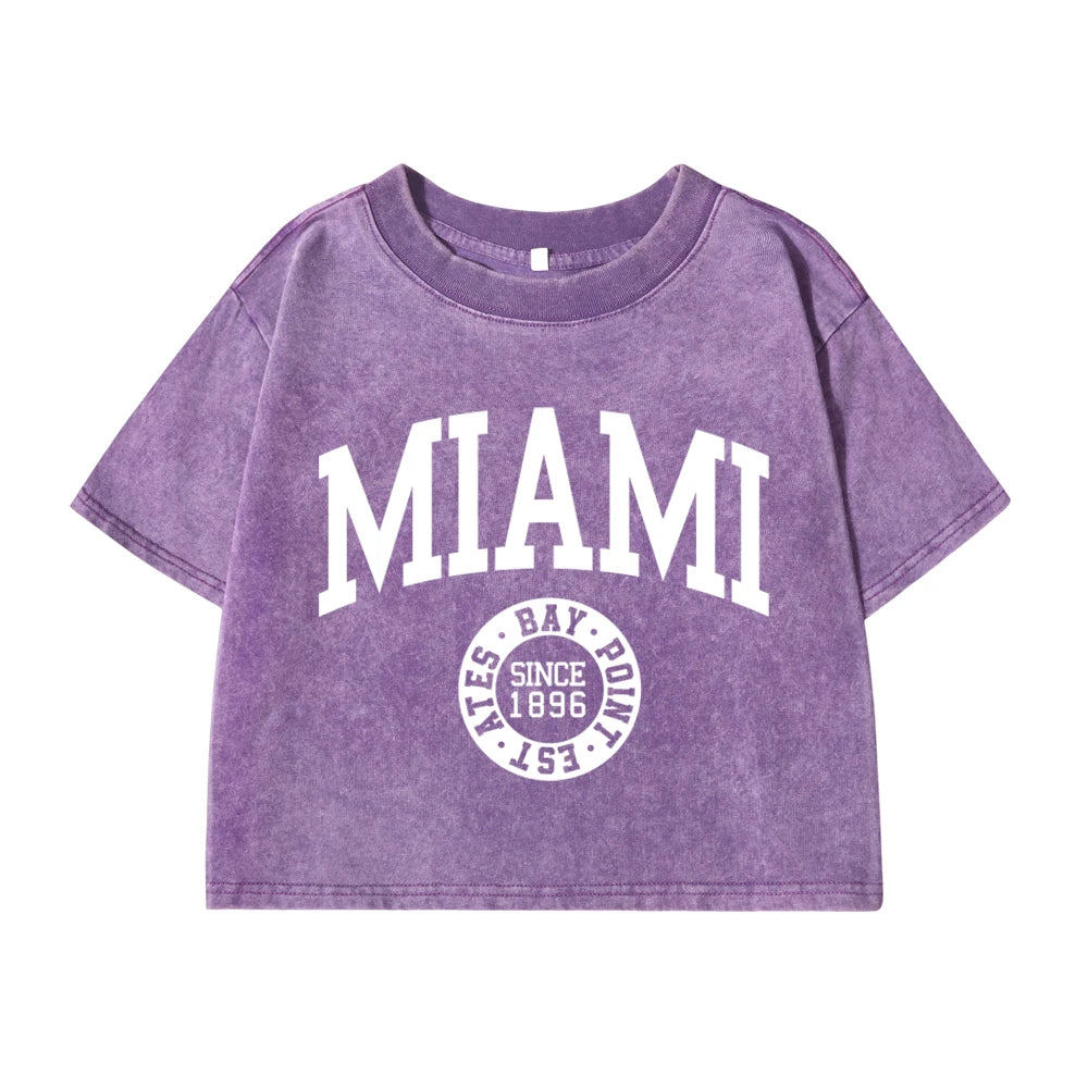 Women'S Cotton Washed T-Shirts Summer Distressed Regular Fit Crop Tops Miami, Usa Printing Short Sleeve Casual Female Clothes