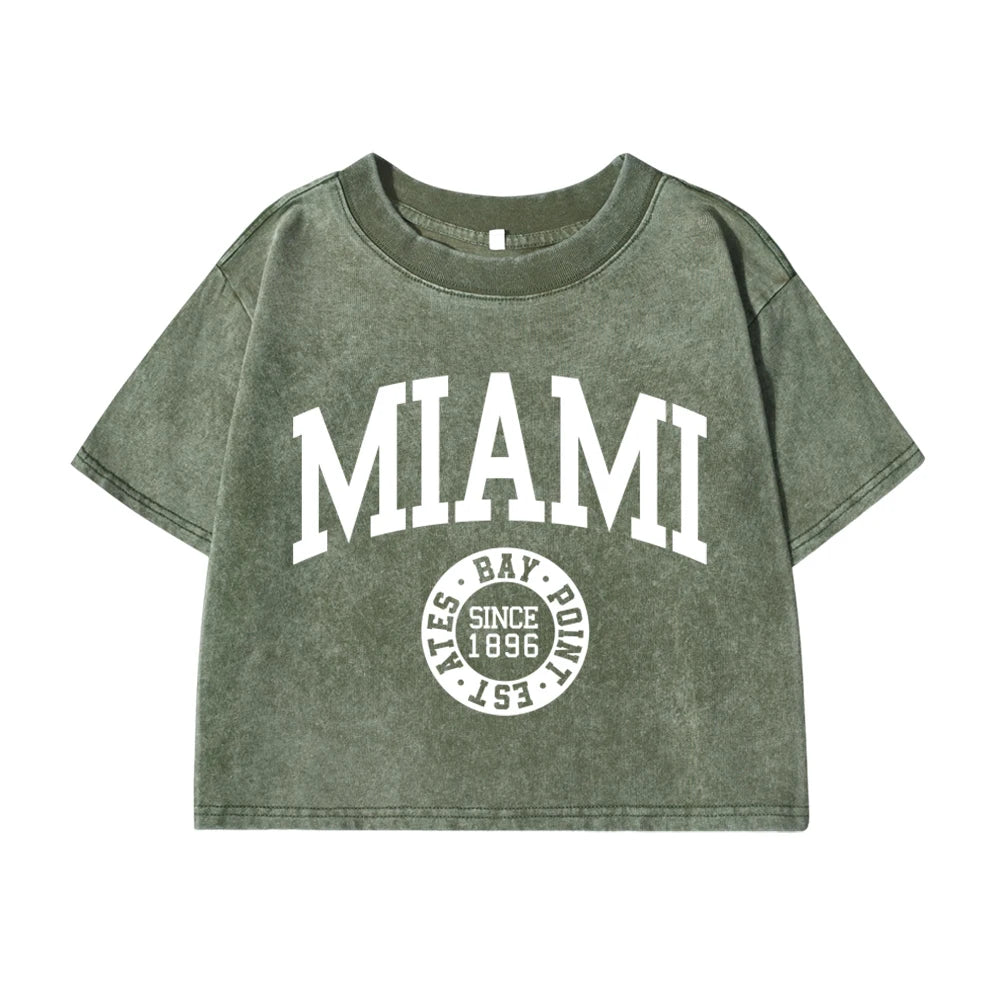 Women'S Cotton Washed T-Shirts Summer Distressed Regular Fit Crop Tops Miami, Usa Printing Short Sleeve Casual Female Clothes