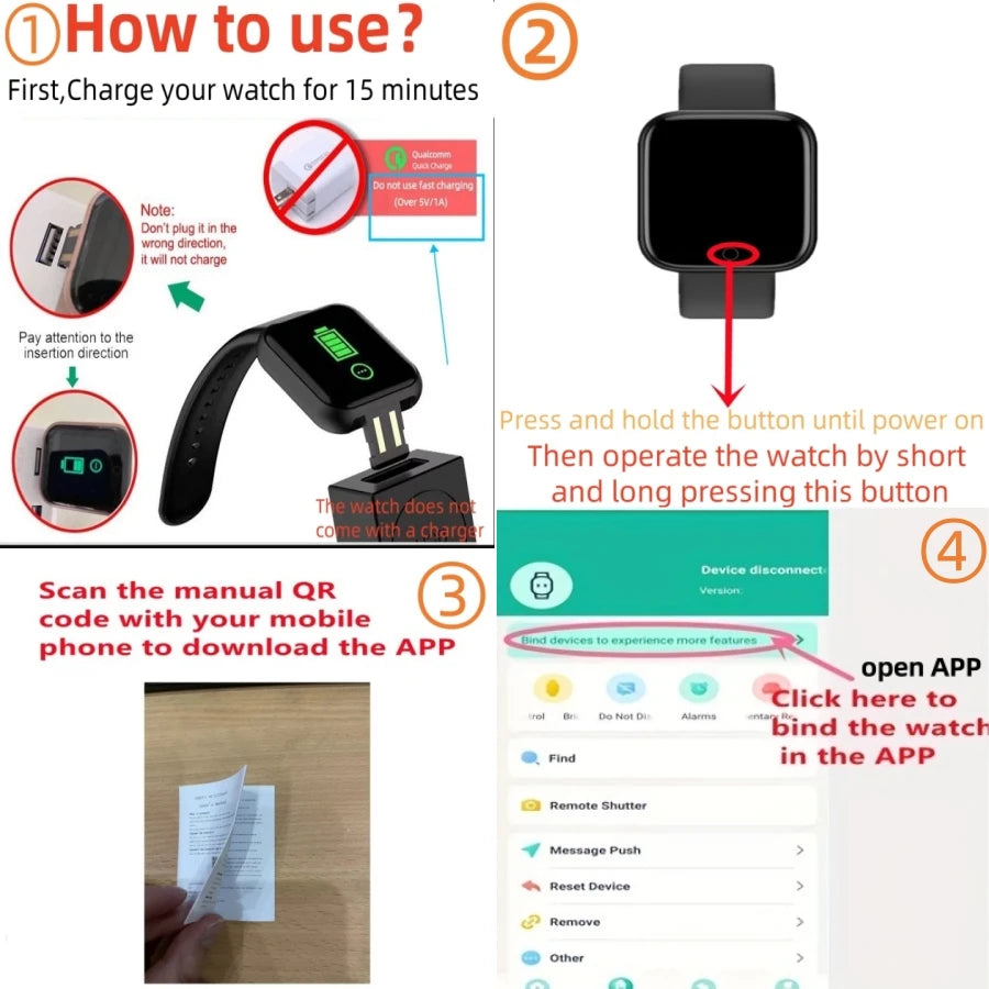 Smart Watches Fashion Sports Bracelet Multi-function USB Plug-in Charging Watches Women Fitness Men Smartwatch For Android Phone