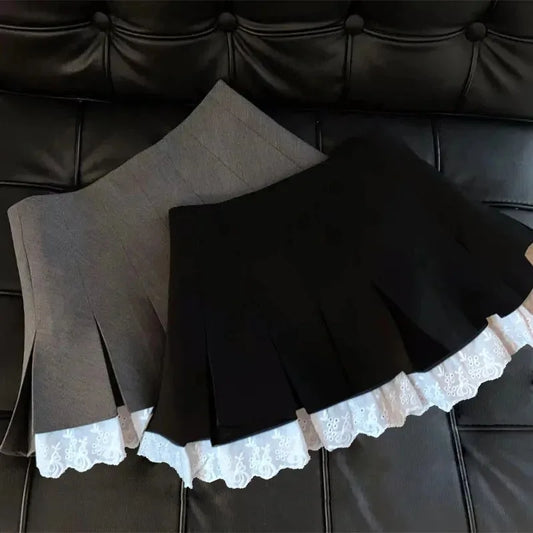 Flume edge lace skirt, fashionable and versatile pleated skirt, A-line skirt, new style