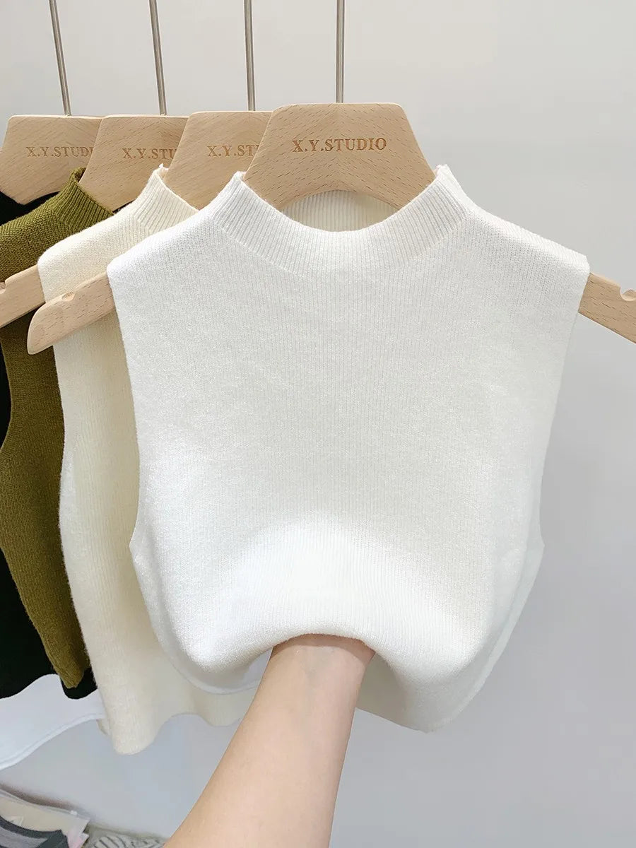 2024 Women Knitted Tank Top Summer Fall Slim Sweater Short Sleeveless Solid Spring Autumn Sweaters Pullovers