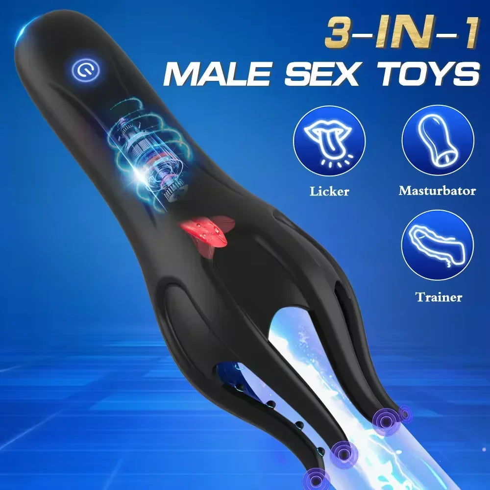 3 IN 1 Male Masturbator for Men Glans Vibrating Tongue Licking Delays Ejaculation Endurance Training Male Adult Sex Toys